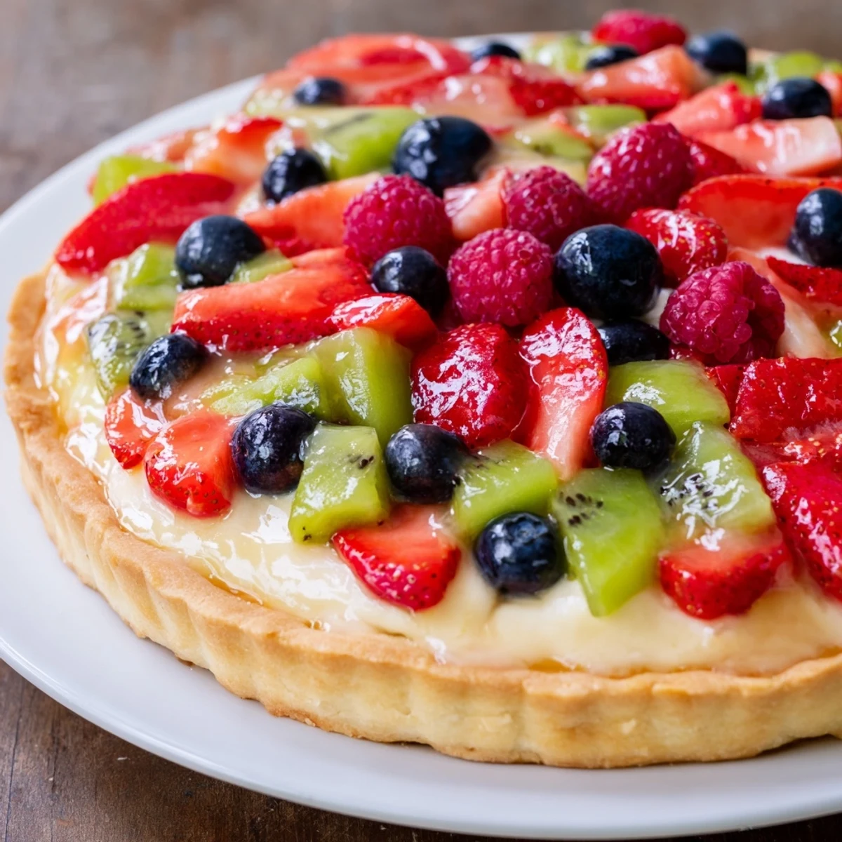 Glossy Fruit Tart With Mascarpone topped with vibrant berries, ready to slice