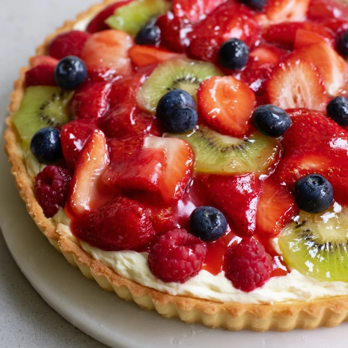 Homemade Fruit Tart With Mascarpone on a chilled crust, lemon-scented filling
