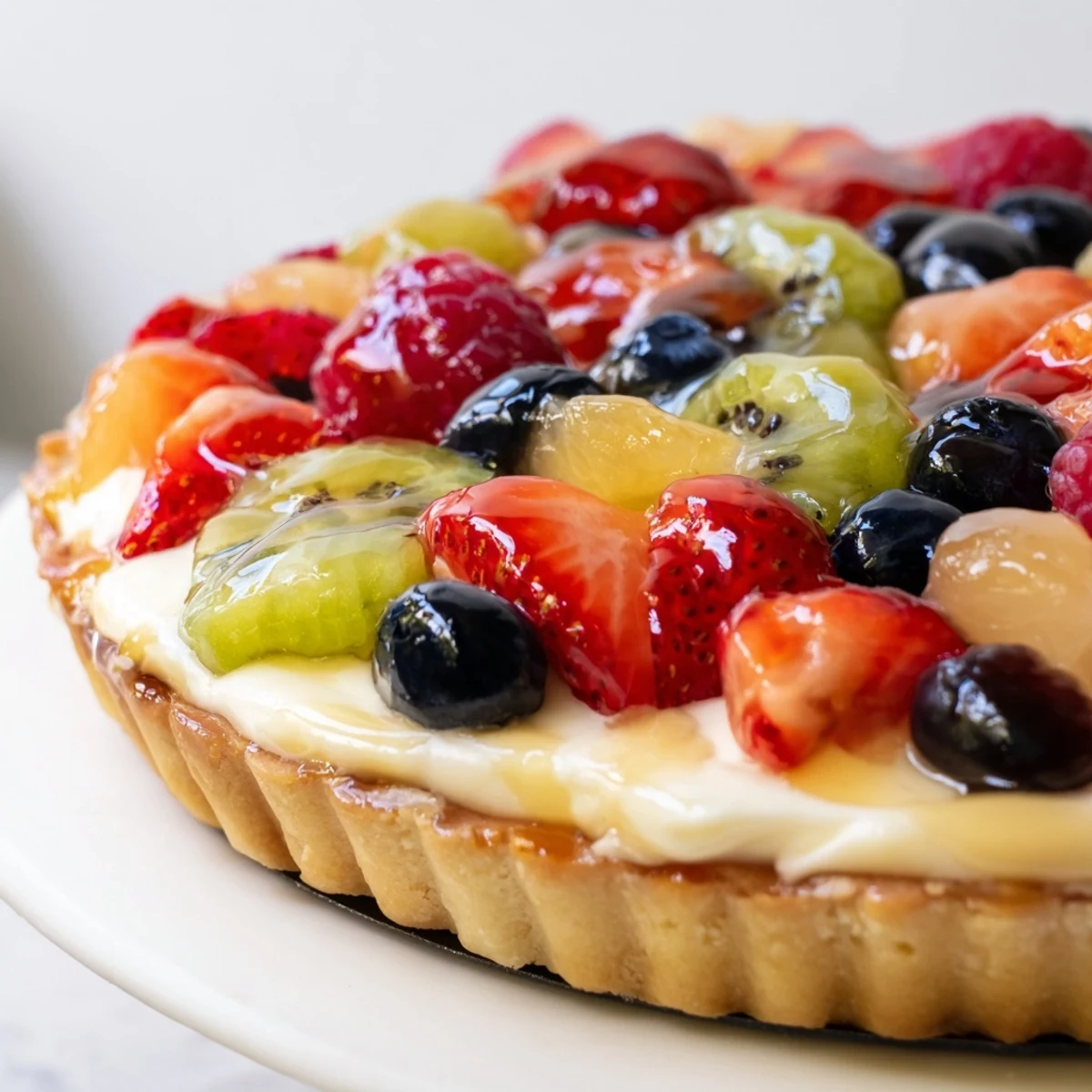 Slice of Fruit Tart With Mascarpone pictured on plate, glossy apricot glaze shining