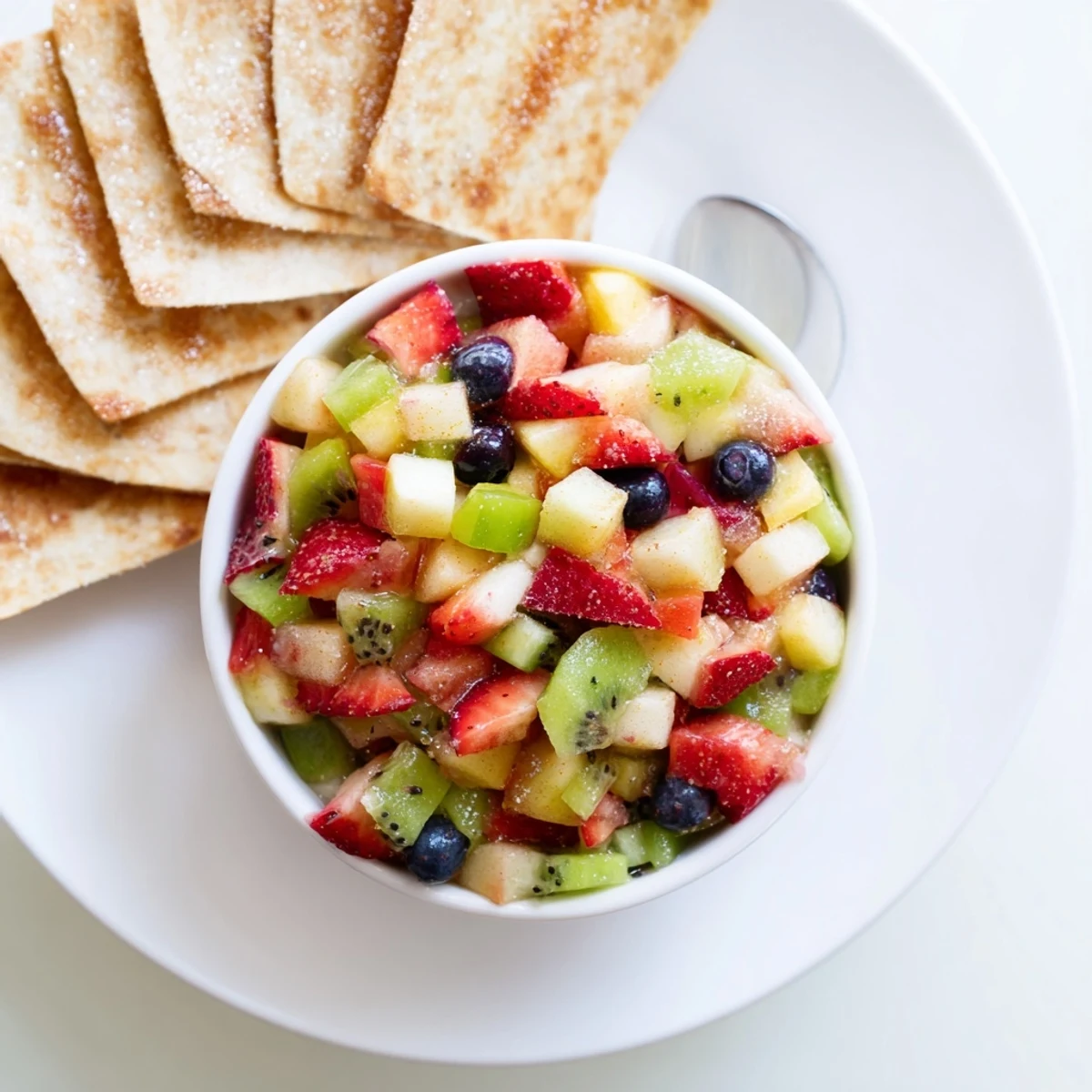 Bright summer Fruit Salsa With Cinnamon Sugar Tortilla Chips, chilled bowl, crunchy wedges.
