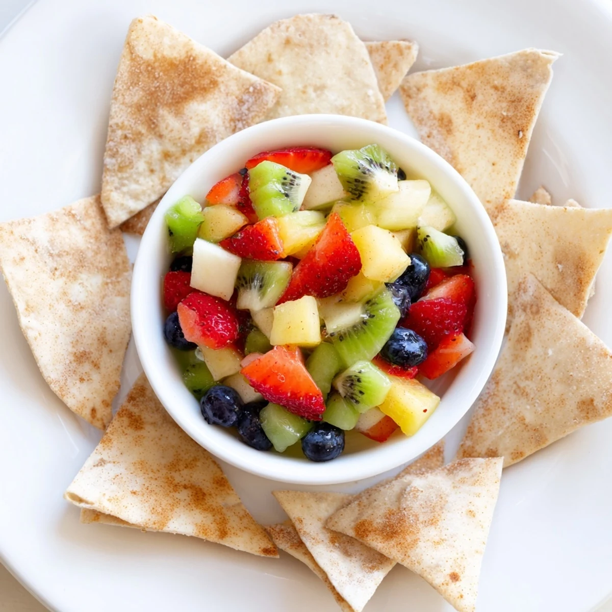 Colorful diced fruit beside crispy chips in Fruit Salsa With Cinnamon Sugar Tortilla Chips.