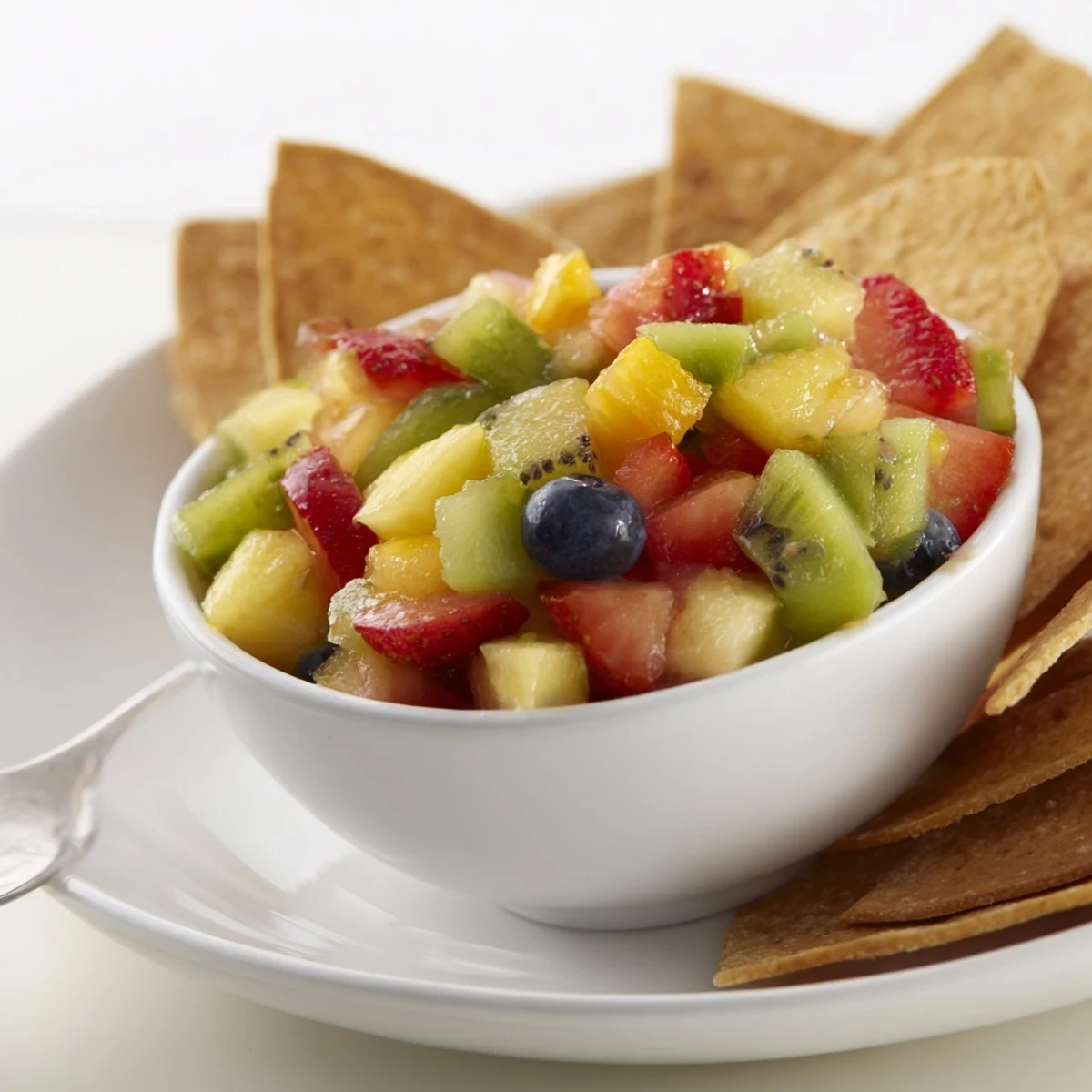 Mint-sprinkled Fruit Salsa With Cinnamon Sugar Tortilla Chips, perfect for summer parties.