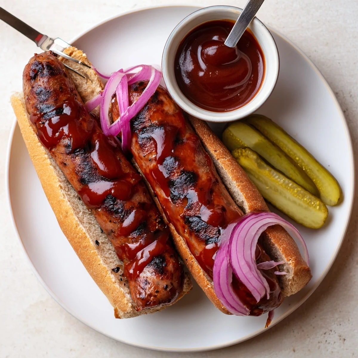 BBQ Sausage Recipe with caramelized tangy glaze, smoky grill marks, ready to serve.