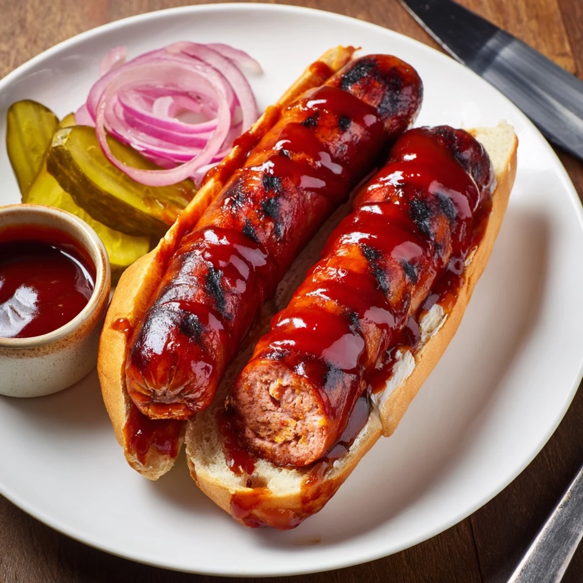 Outdoor grilled BBQ Sausage Recipe sizzling on charcoal, served with pickles.