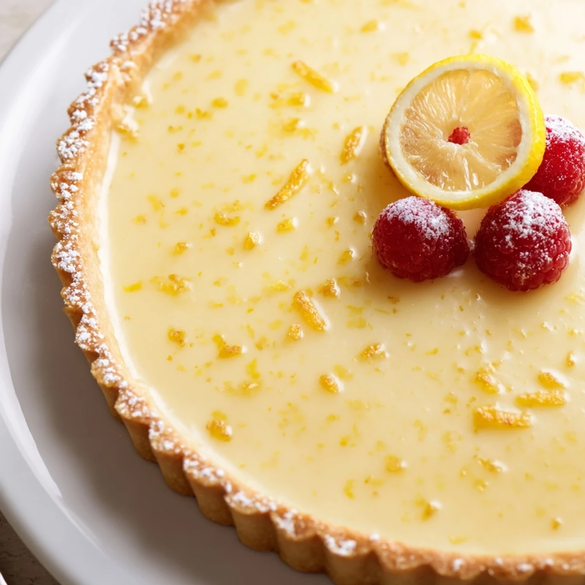 Rustic slice of Creamy Lemon Tart Recipe on plate, buttery crust.