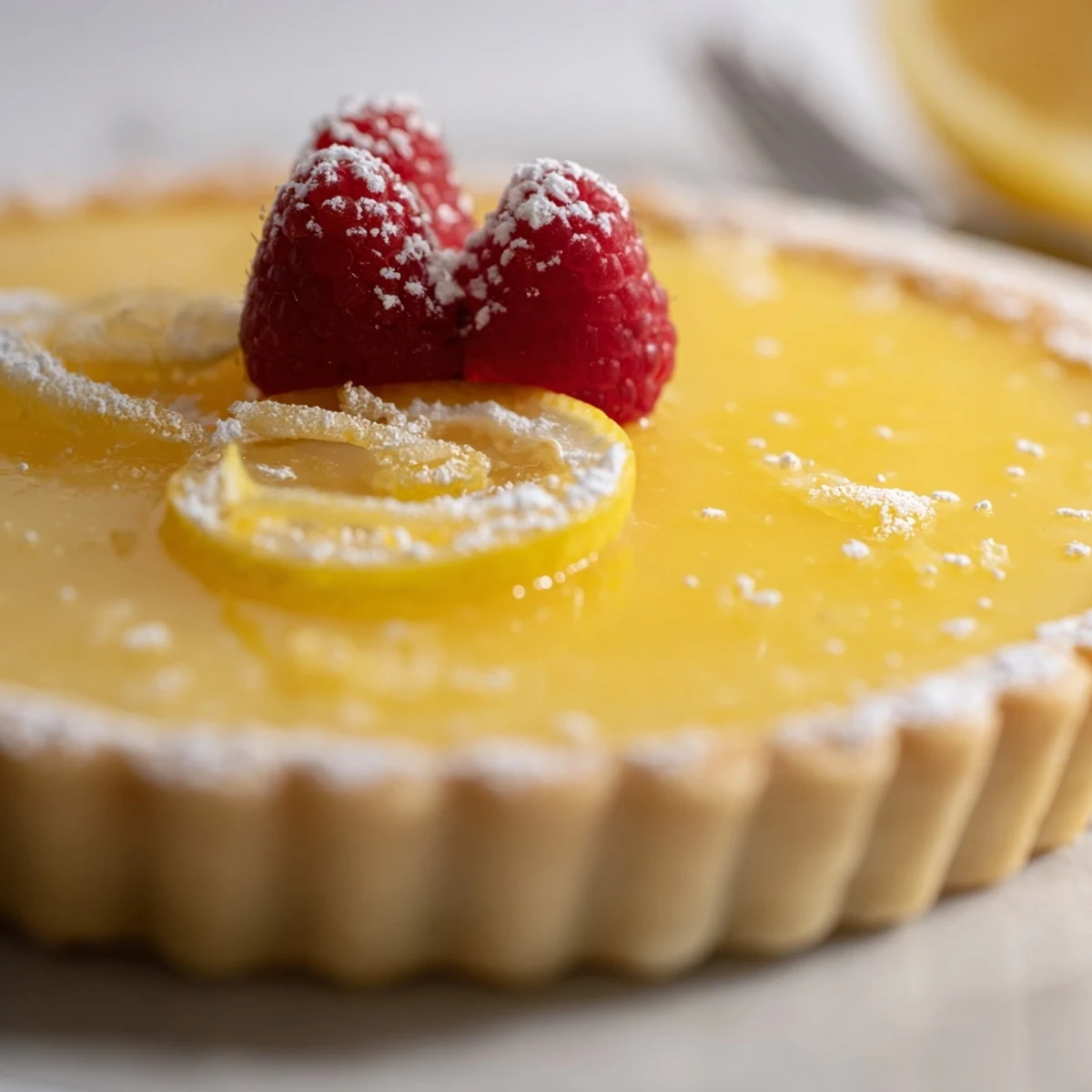 Creamy Lemon Tart Recipe chilled for serving, zesty aroma, fresh berries garnish.