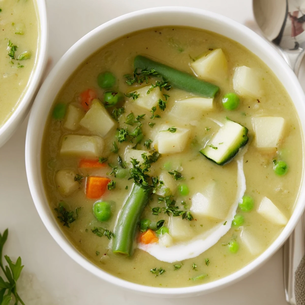 Warm bowl of Creamy Vegetable Soup Recipe, silky texture with fresh herbs