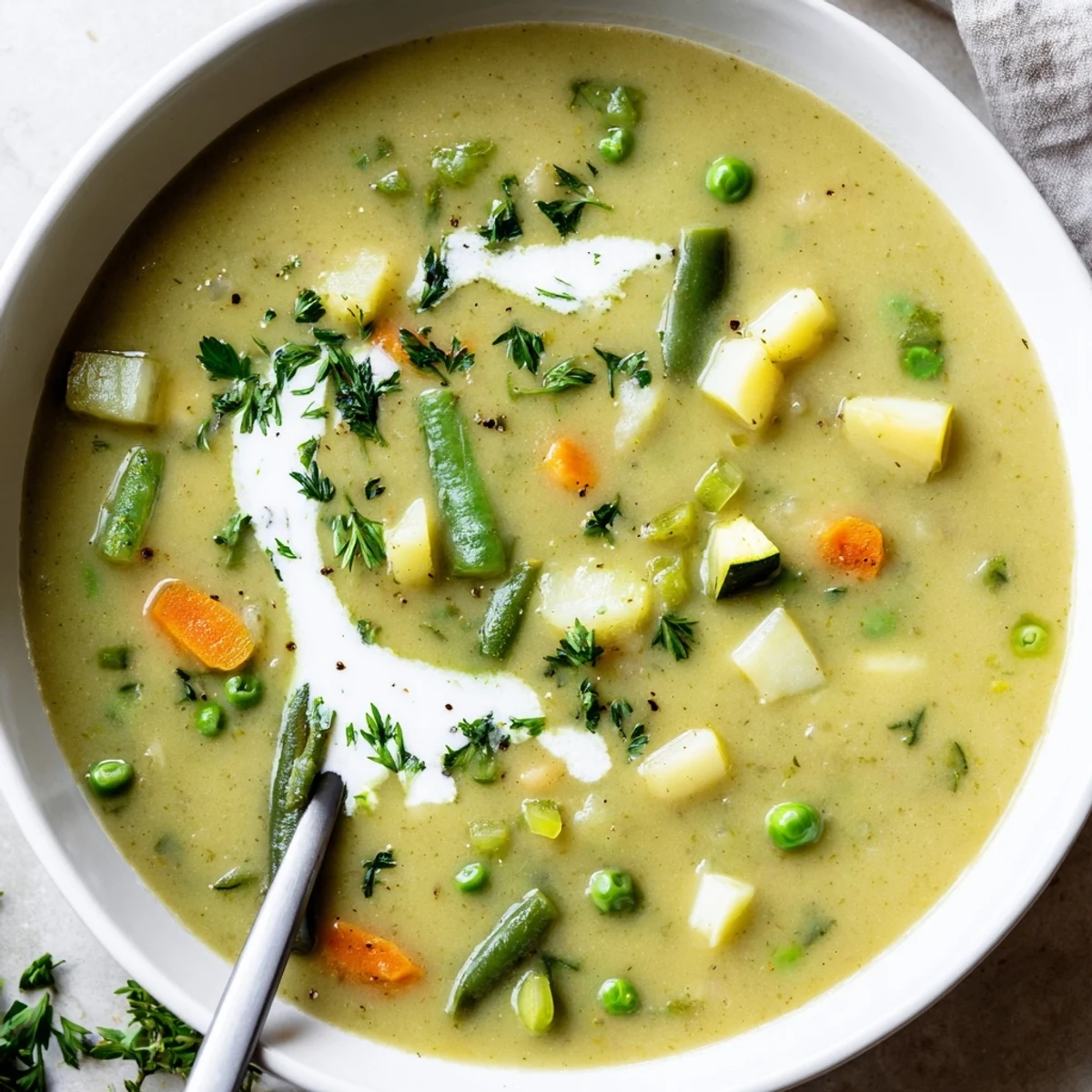Steaming Creamy Vegetable Soup Recipe resting on wooden board beside bread