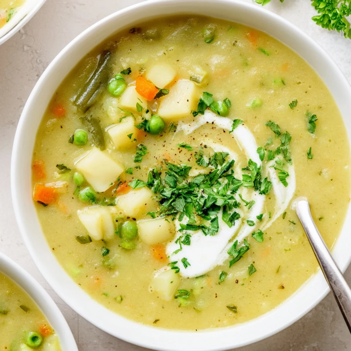 Velvety Creamy Vegetable Soup Recipe garnished with parsley, spoon dipping into bowl