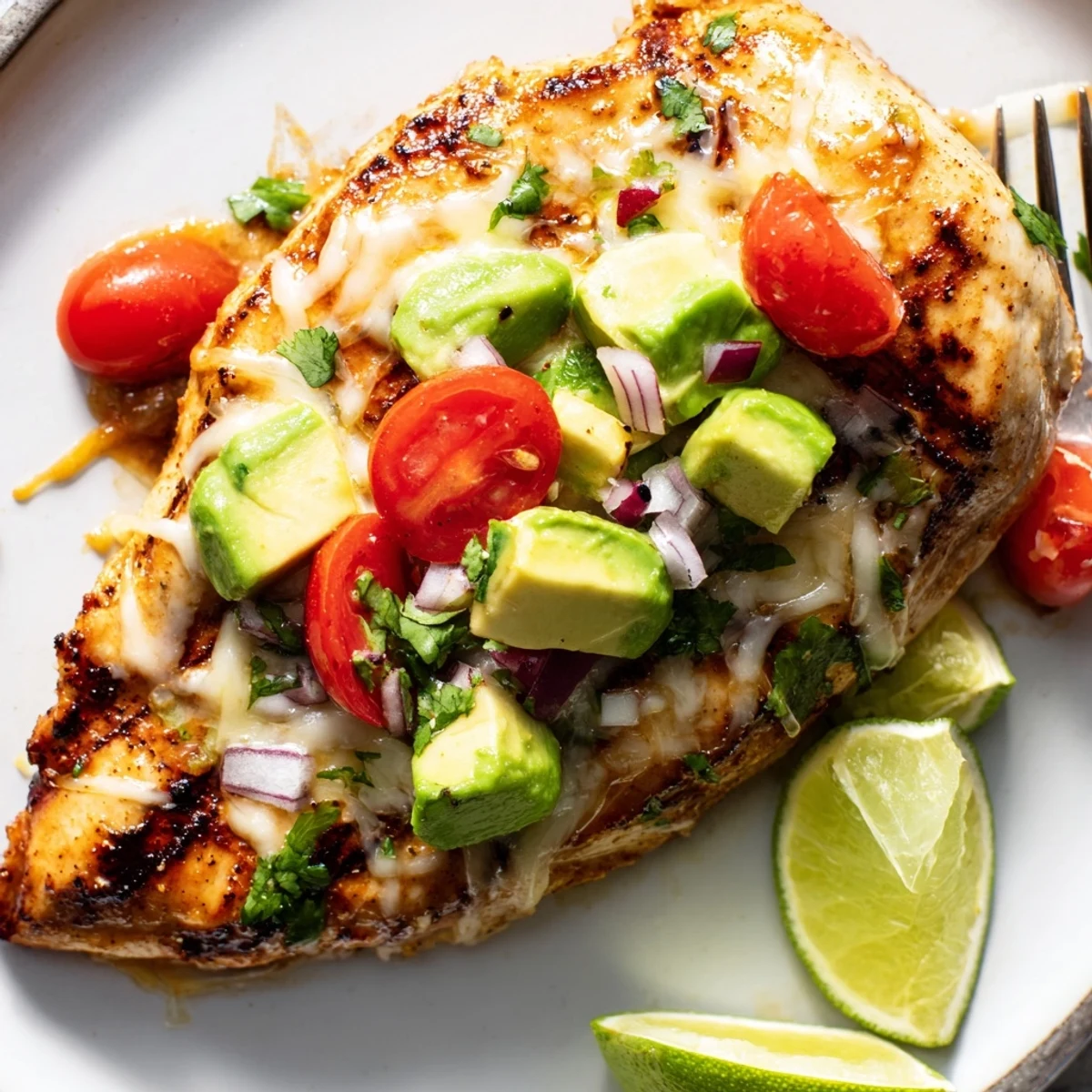 Grilled Fiesta Lime Chicken With Avocado, charred edges, zesty lime, creamy topping