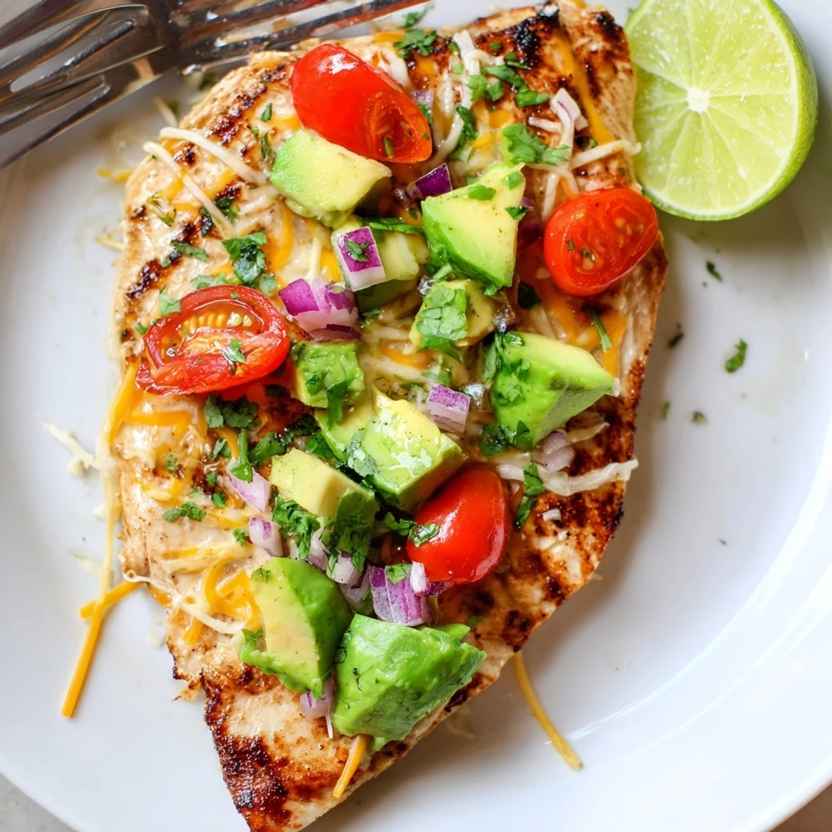 Fiesta Lime Chicken With Avocado served hot on tortillas, cilantro, lime wedge