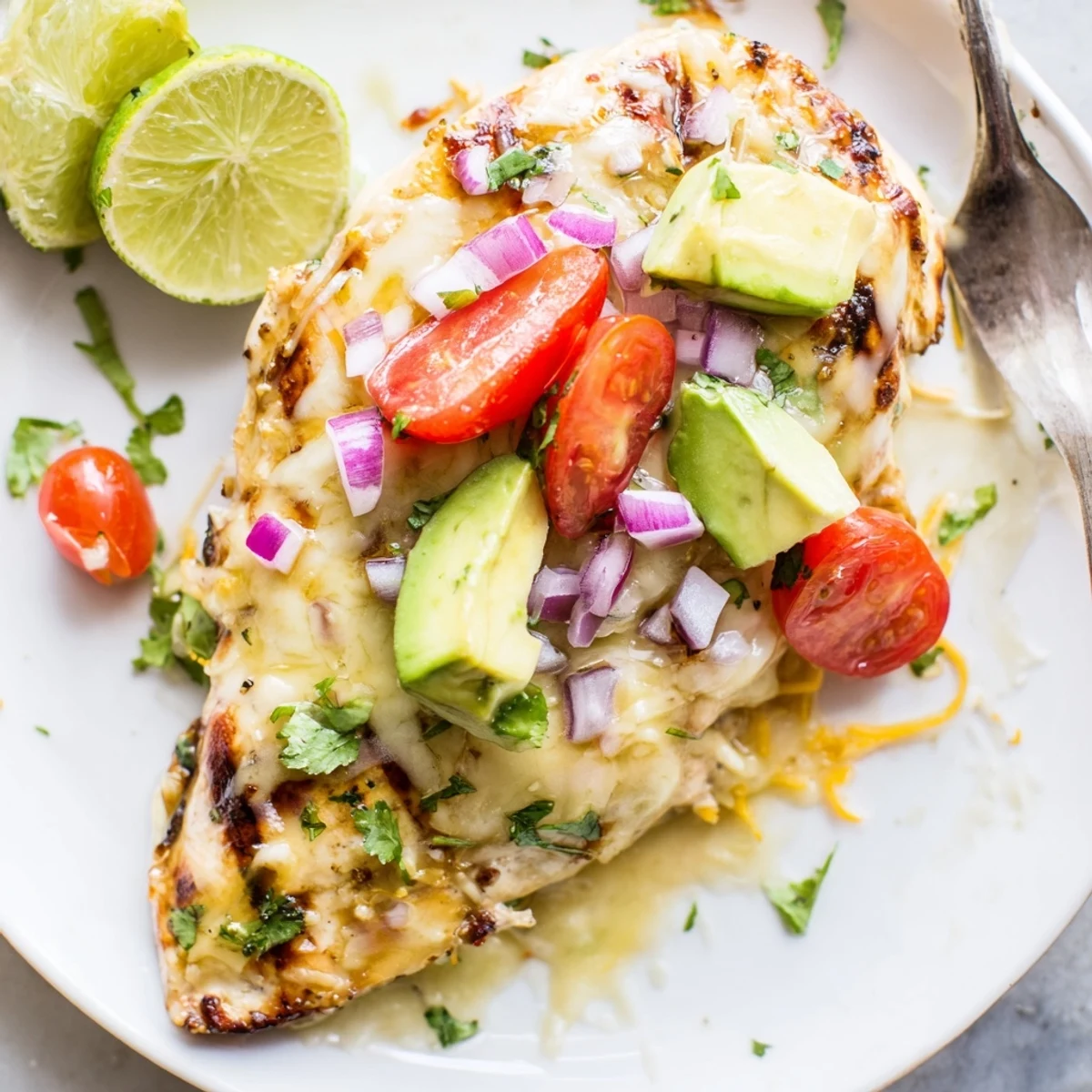 Grill-marked Fiesta Lime Chicken With Avocado, juicy slices, bright tomato, cilantro garnish