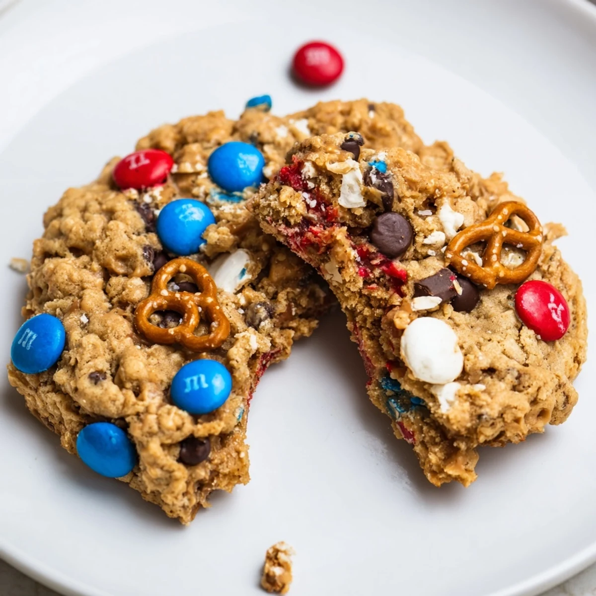 Chewy Patriotic Monster Cookies loaded with peanut butter, oats, red-white-blue candies
