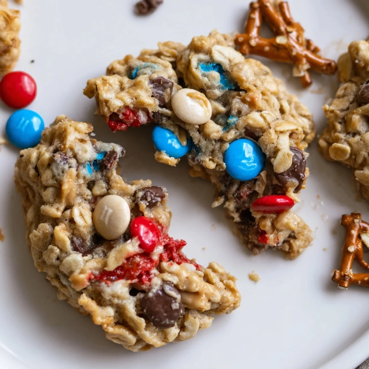 Warm Patriotic Monster Cookies recipe cooling on a rack, chocolate chips glistening