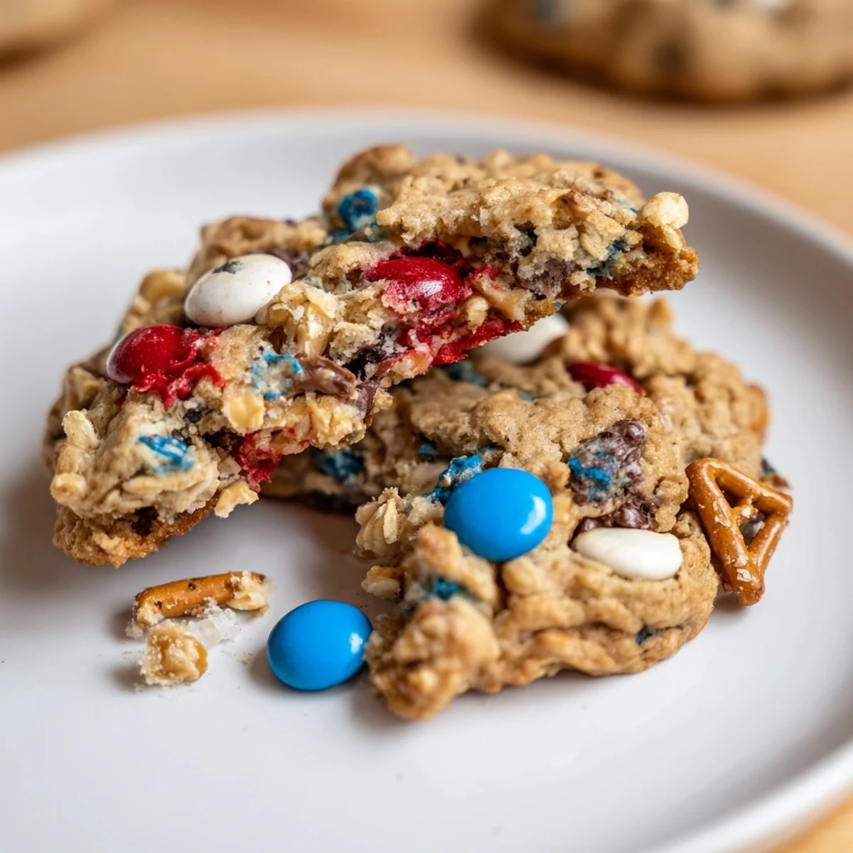 A plate of Patriotic Monster Cookies, gooey centers and crunchy pretzels