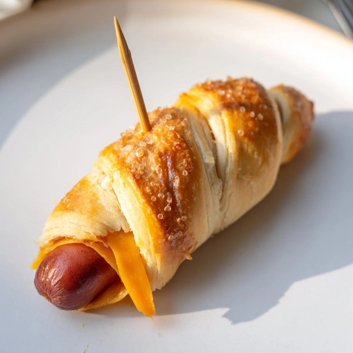 Golden baked Firecracker Hot Dogs Recipe brushed with butter, dough spiraled on skewers