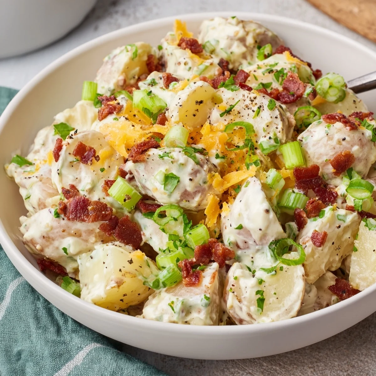 Beef Bacon Loaded Potato Salad piled on platter, creamy, cheddar-studded, warm