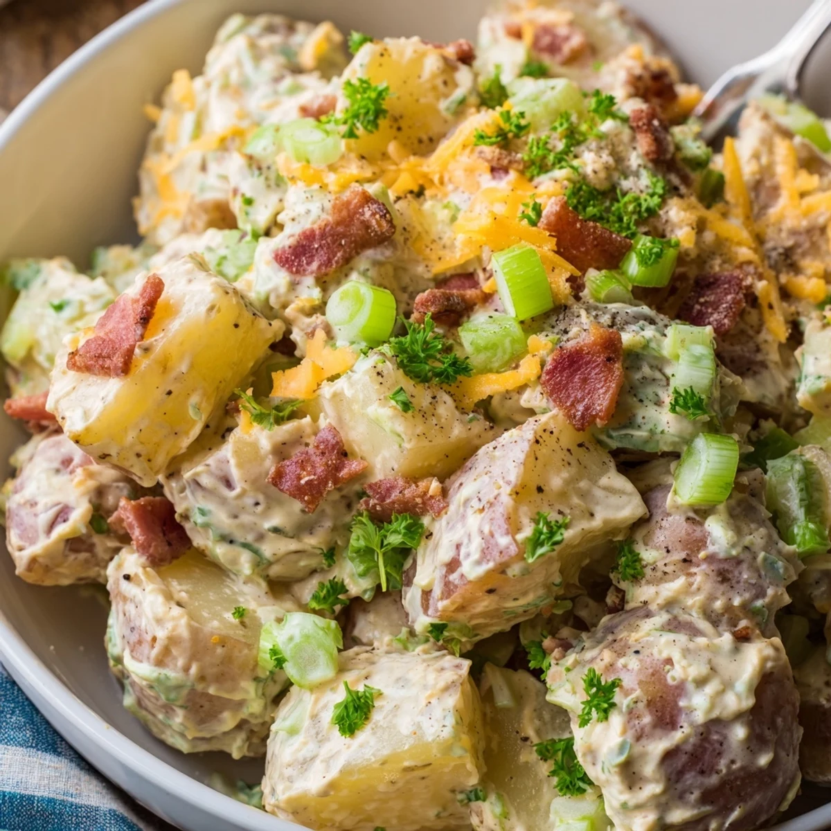 Beef Bacon Loaded Potato Salad mixed with tangy dressing, scallions, and cheddar