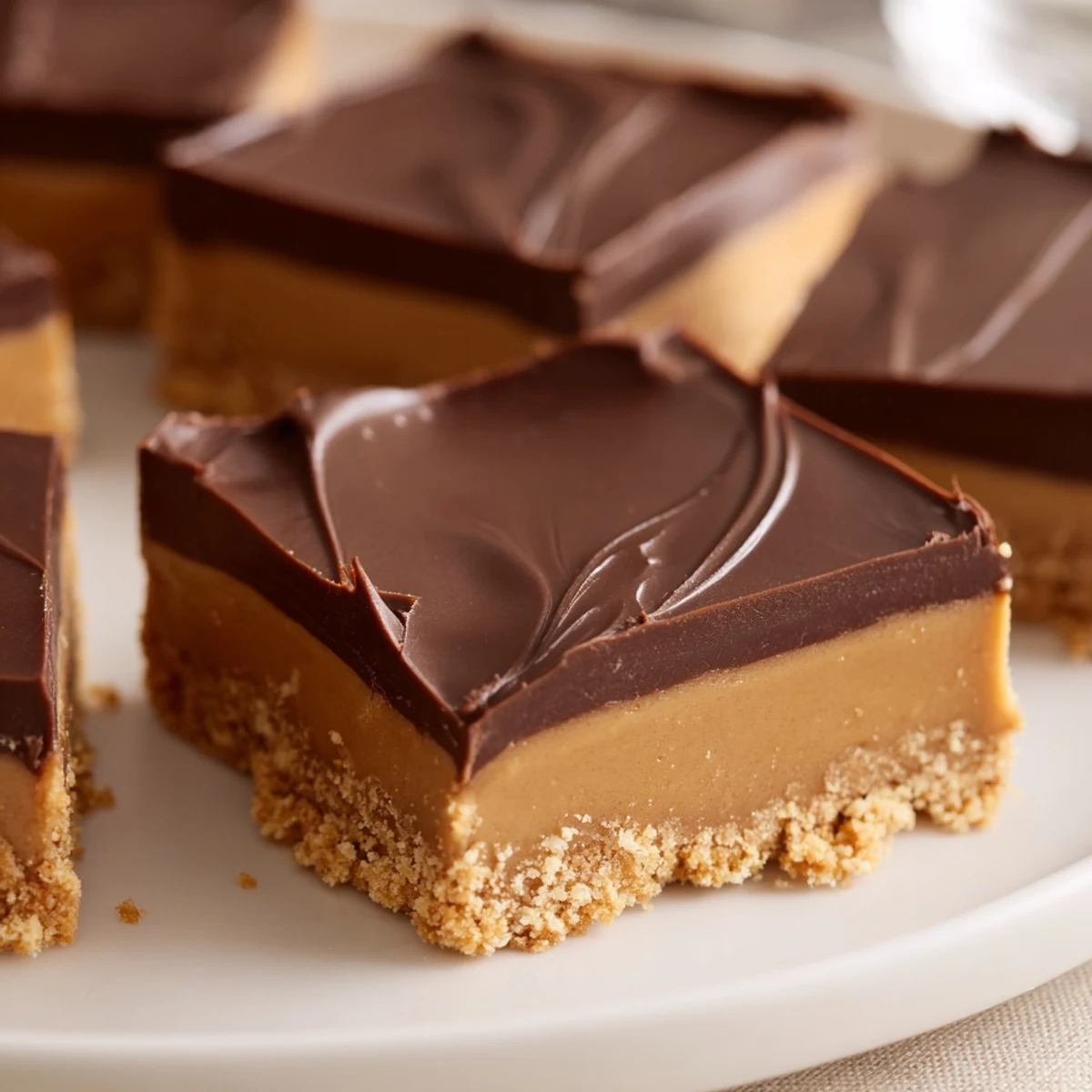 Handheld No Bake Peanut Butter Bars with dense peanut base and silky chocolate topping