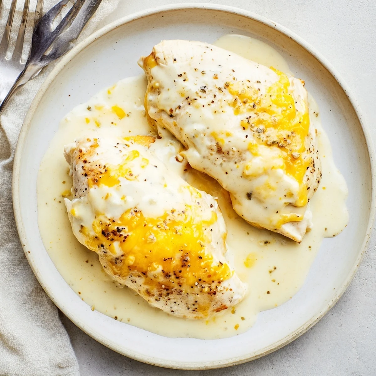 Juicy roasted Chicken With Cheese Sauce drizzled over broccoli, creamy and glossy.