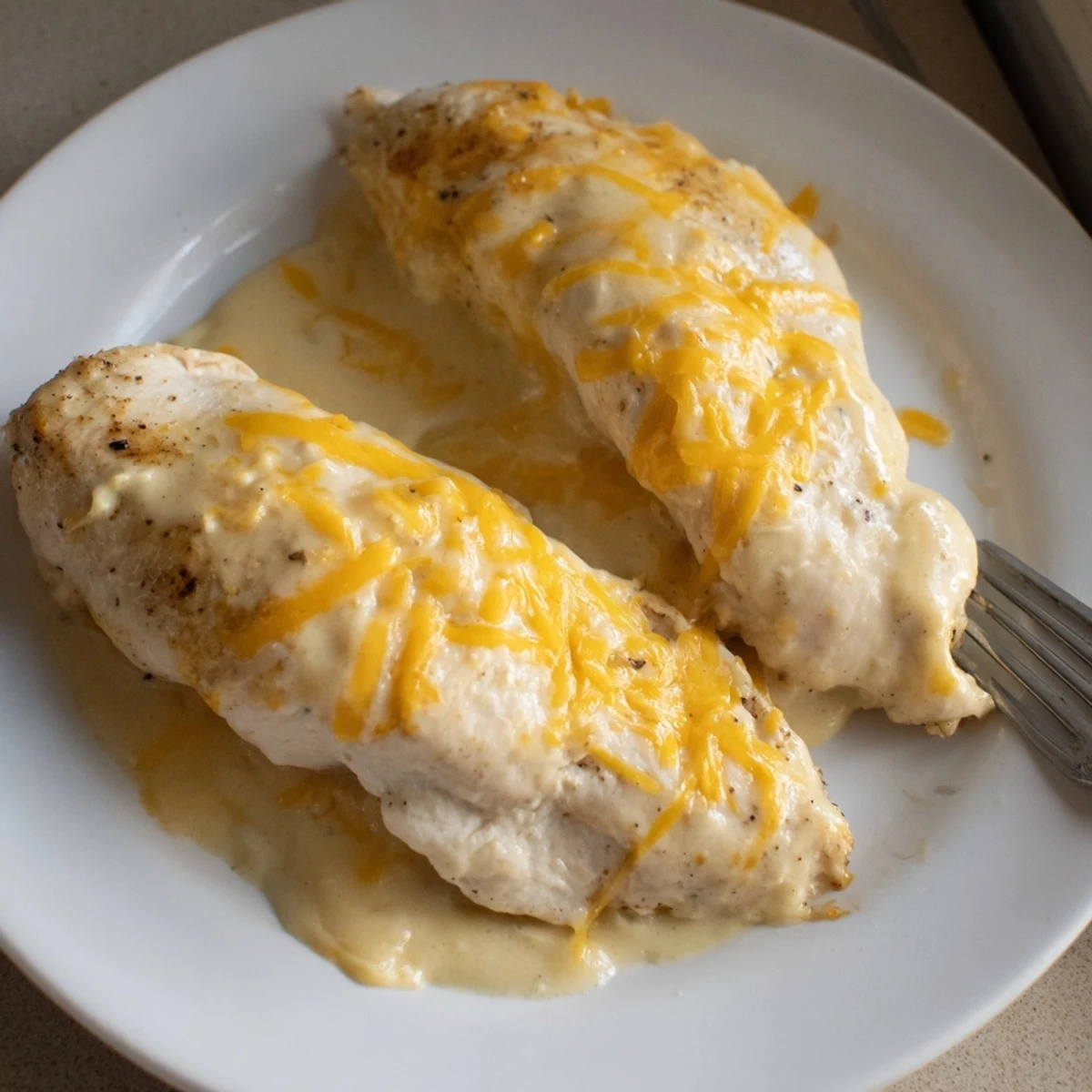 Pan-seared Chicken With Cheese Sauce bubbling golden, served on a white dinner plate.