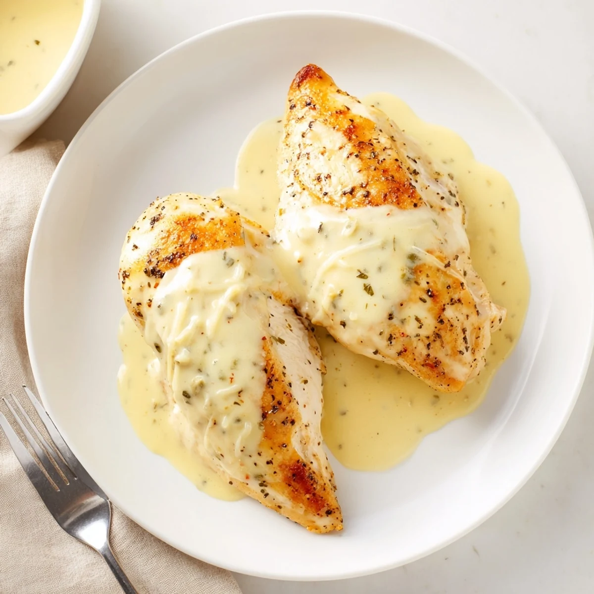 Creamy texture pooling beside roasted vegetables on plate: Chicken With Cheese Sauce