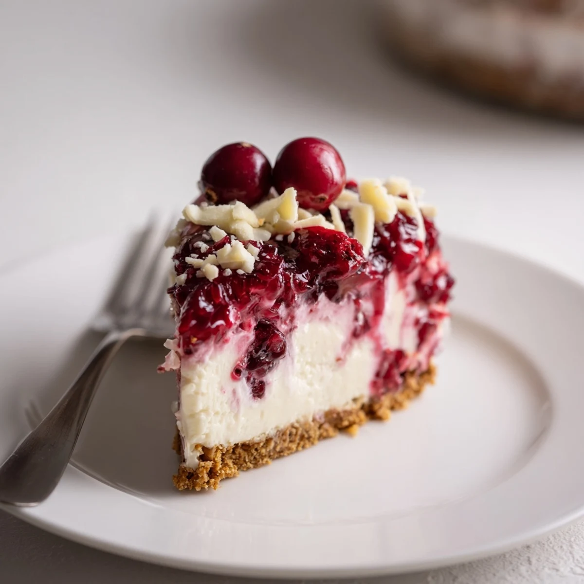 No Bake Cranberry White Chocolate Cheesecake chilled, creamy layers on buttery graham crust.