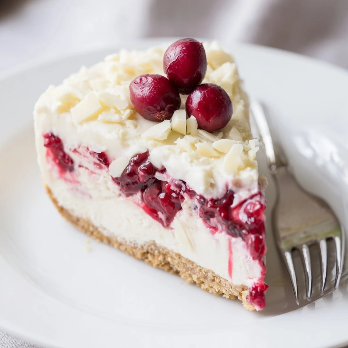No Bake Cranberry White Chocolate Cheesecake topped with glossy tart compote, slice-ready.
