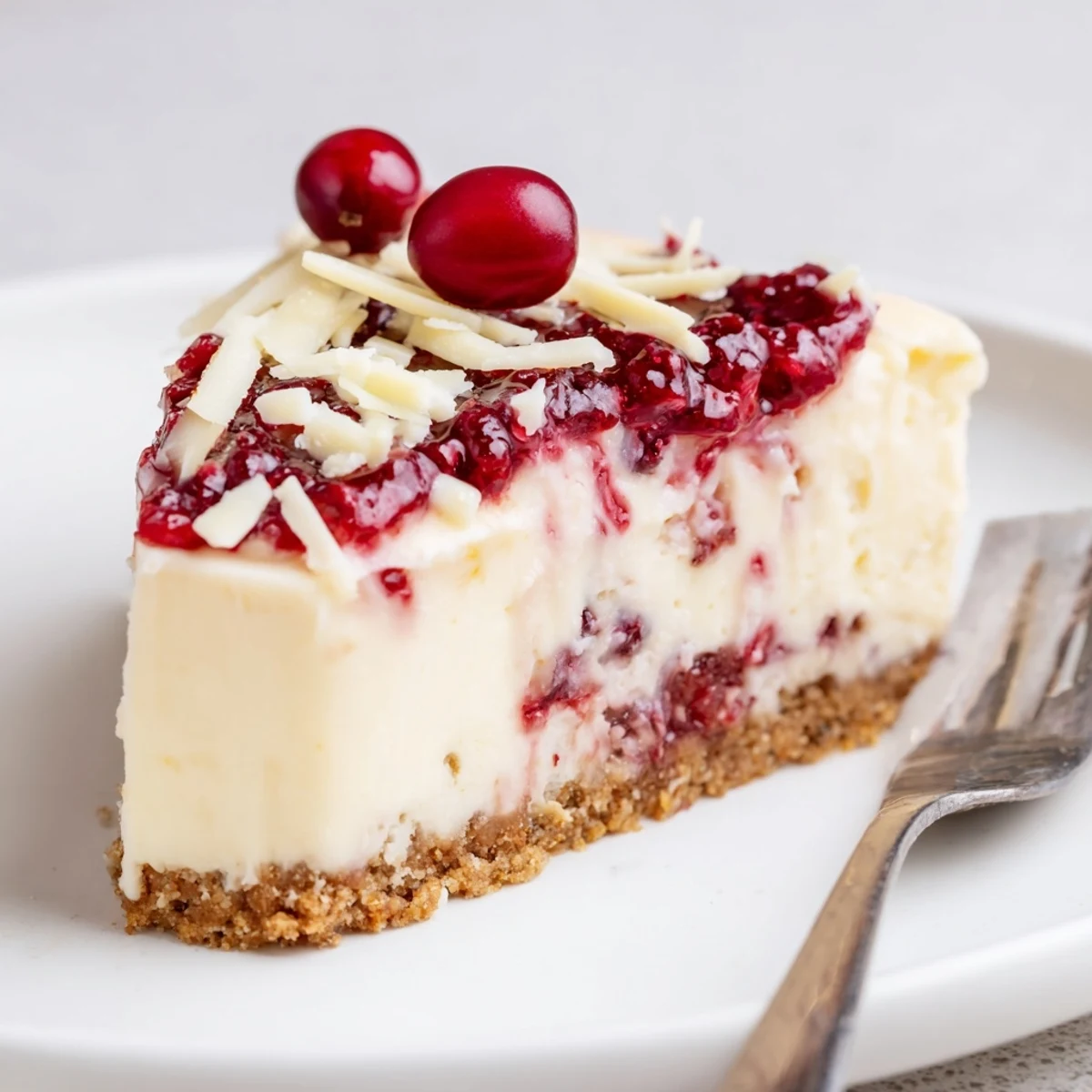 No Bake Cranberry White Chocolate Cheesecake served chilled with white chocolate shavings, tangy bite.