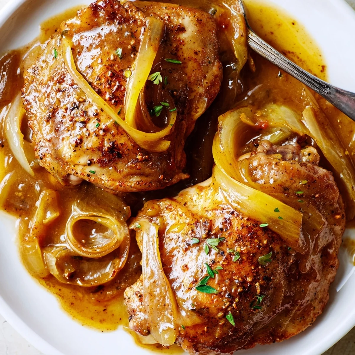 Savory Smothered Chicken Thighs In Rich Gravy Recipe plated with steaming mashed potatoes