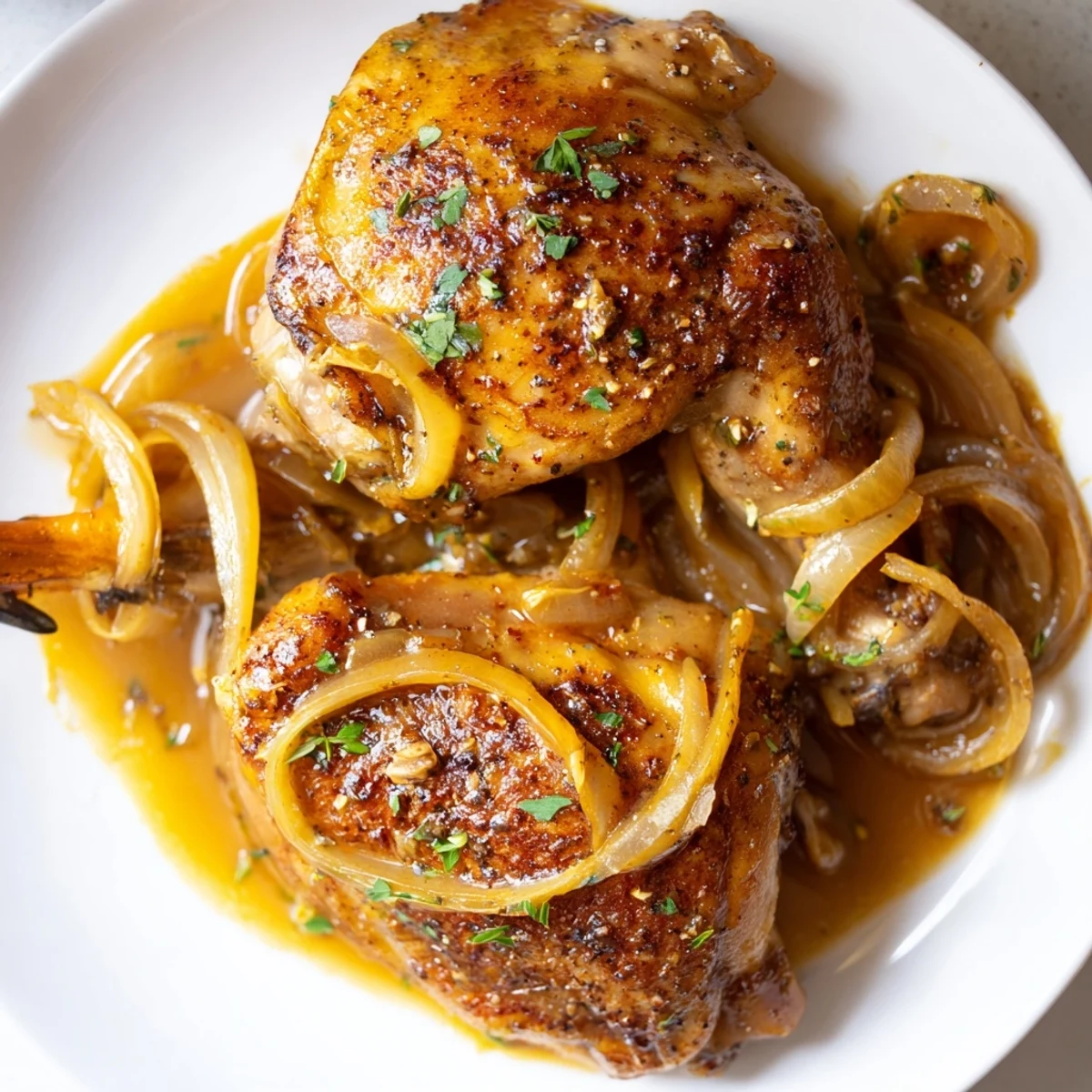 Warm Savory Smothered Chicken Thighs In Rich Gravy Recipe, caramelized onions spooned over