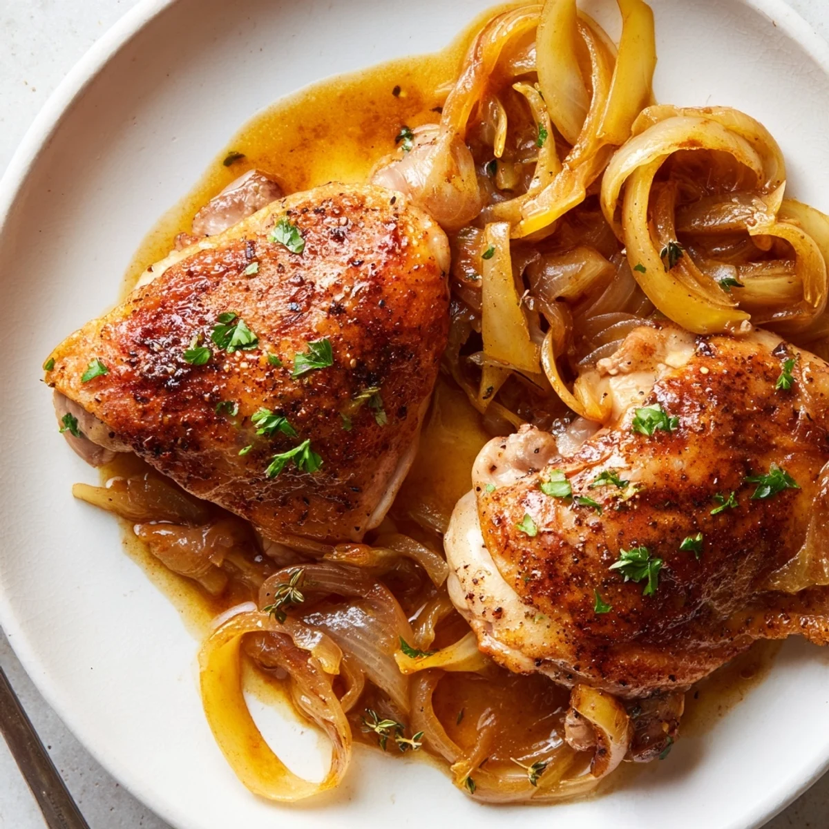 Close-up of Savory Smothered Chicken Thighs In Rich Gravy Recipe, golden seared skin glistening