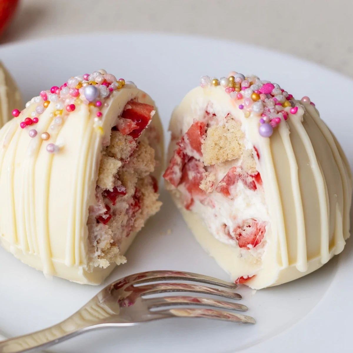 Strawberry Shortcake Easter Egg Bombs with creamy filling and crunchy shortcake crumbs
