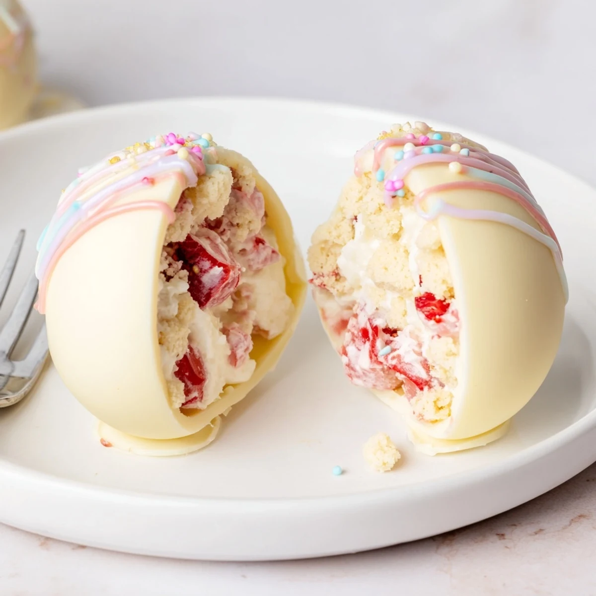 Handheld Strawberry Shortcake Easter Egg Bombs drizzled chocolate, sprinkled for spring dessert