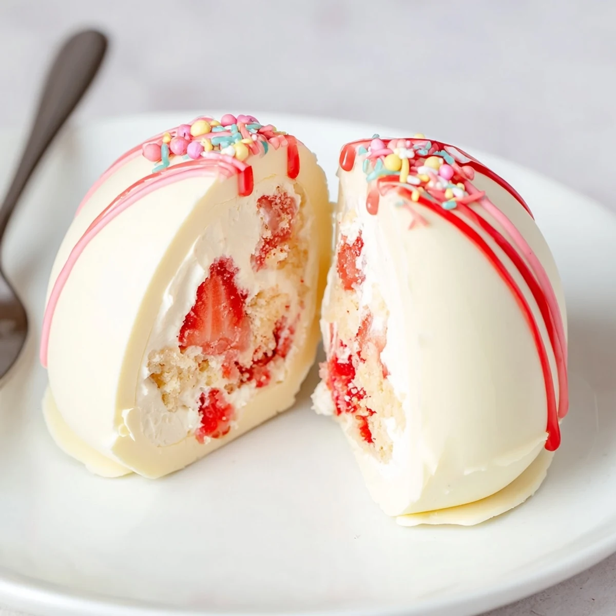 Sliced Strawberry Shortcake Easter Egg Bombs reveal whipped cream, macerated berries interior