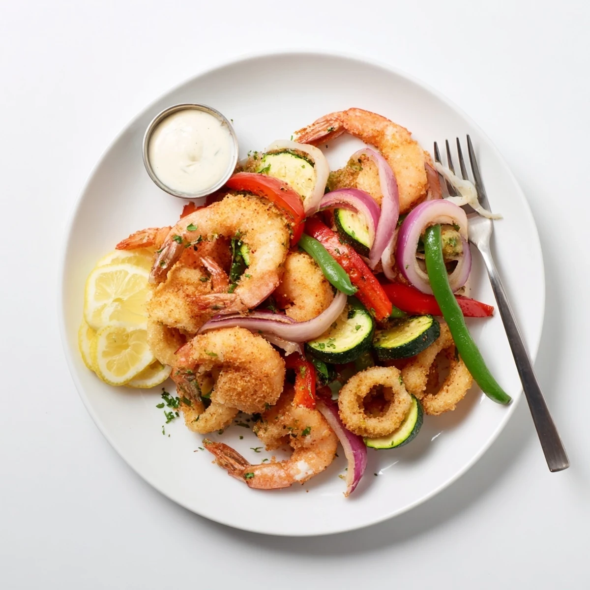 Crispy Shrimp Fritto Misto piled on platter with lemon wedges, parsley