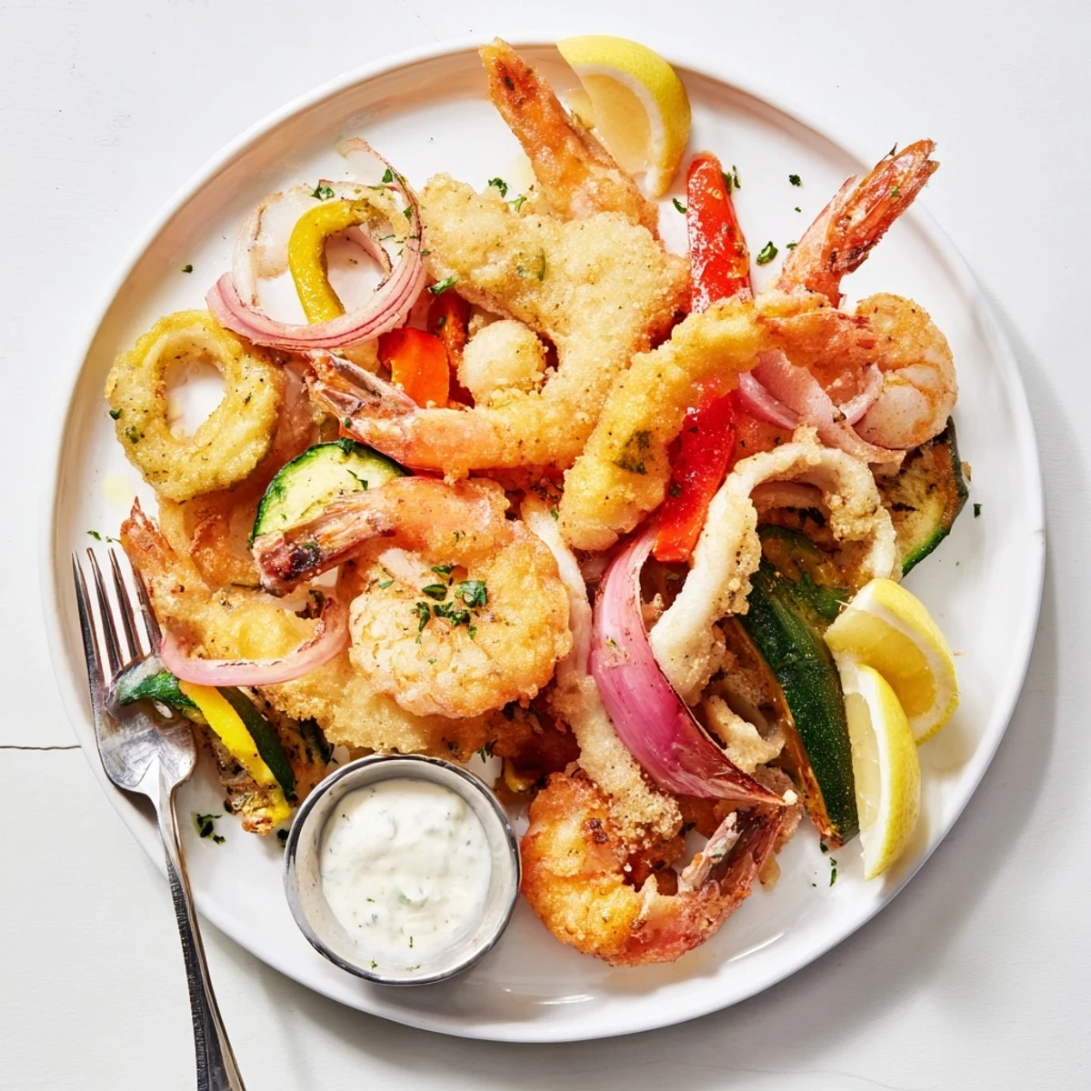 Aromatic Crispy Shrimp Fritto Misto served hot with aioli for dipping
