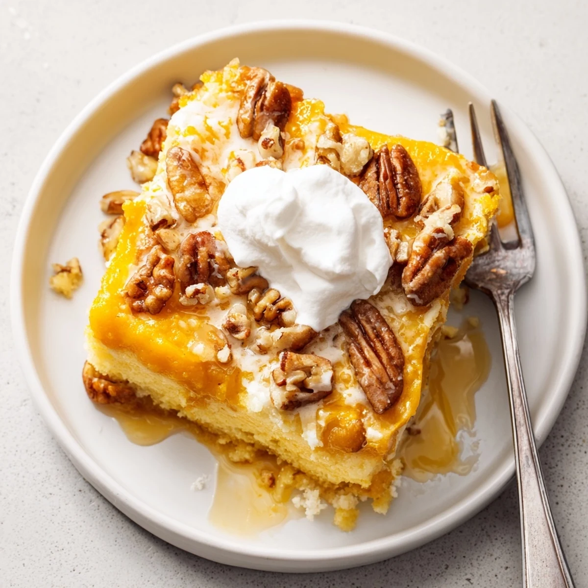 Pumpkin Dump Cake cooling in pan, golden crust and spiced pumpkin aroma