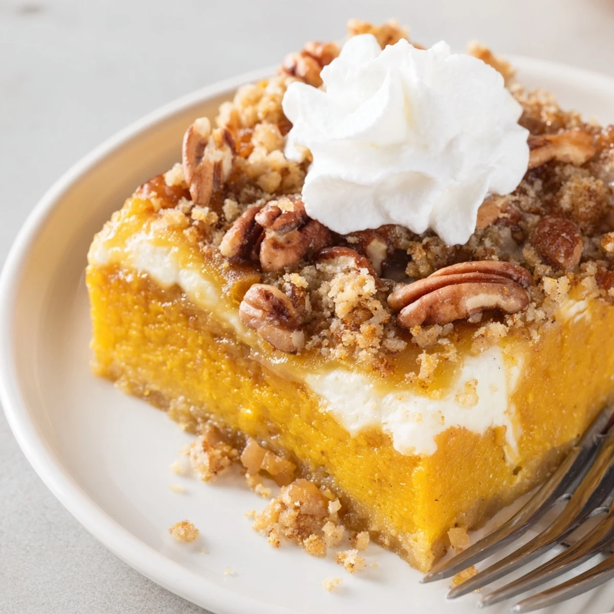 Warm Pumpkin Dump Cake served with vanilla ice cream, buttery crumb texture