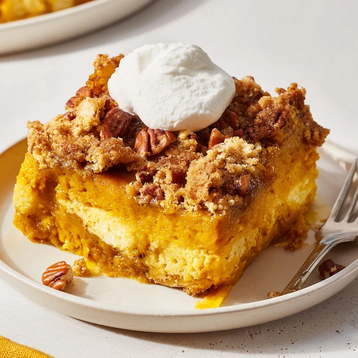 Slice of Pumpkin Dump Cake topped with whipped cream and toasted pecans
