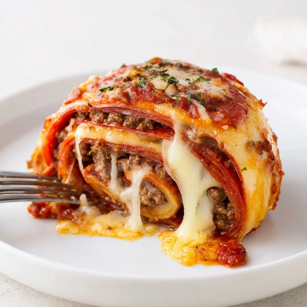 Cheesy Beef Pepperoni Pizza Roll Ups Snack Recipe plated with extra sauce for dipping