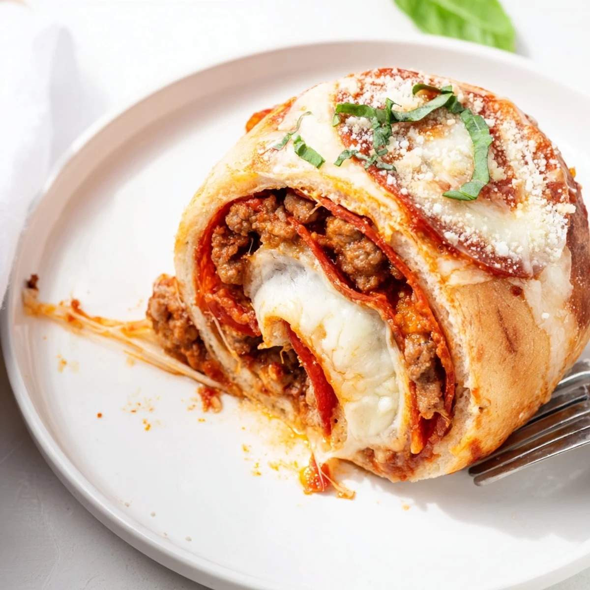 Sliced, steaming roll with browned edges: Cheesy Beef Pepperoni Pizza Roll Ups Snack Recipe