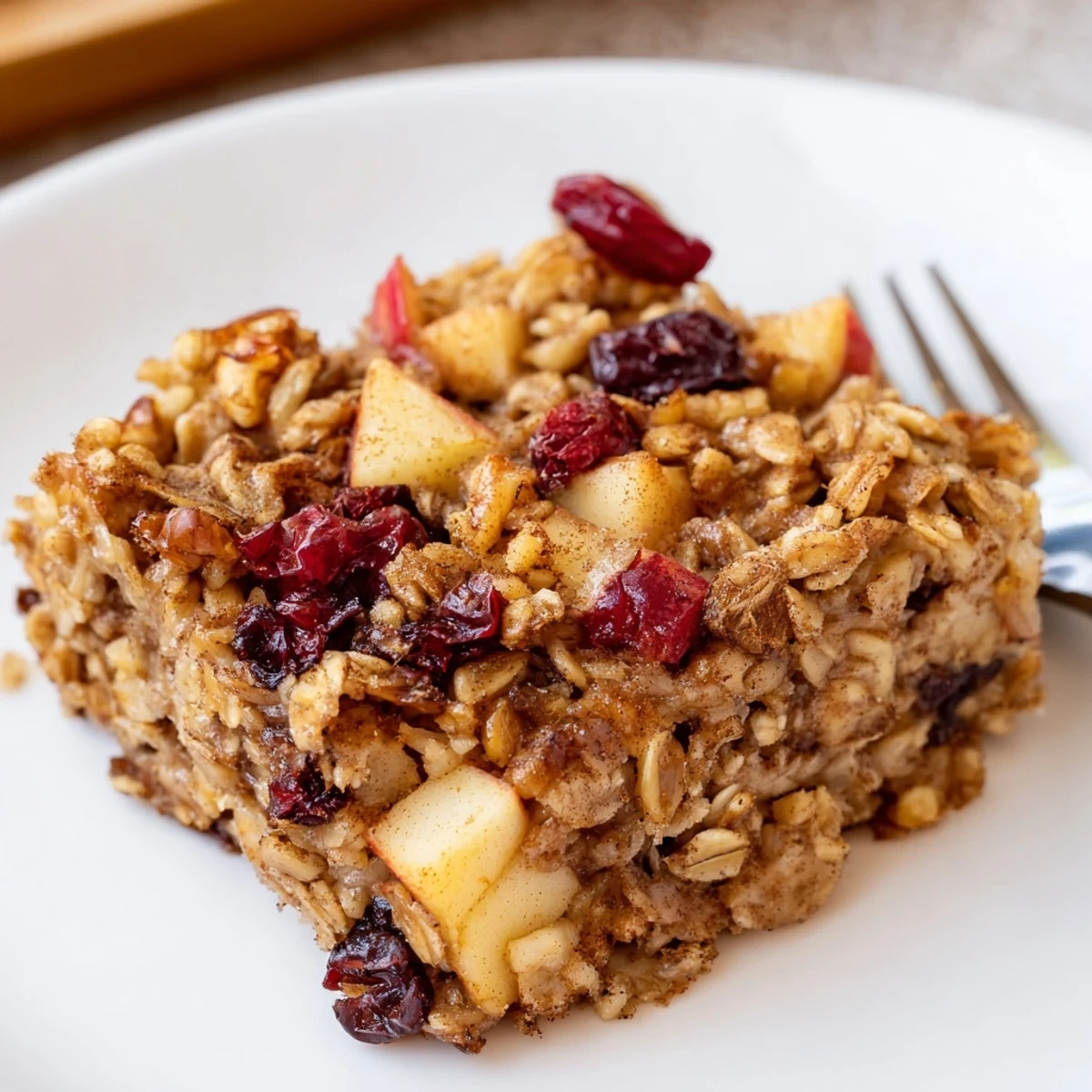 Warm slice of Delicious Apple Cinnamon Oatmeal Bake Recipe For Mornings, cinnamon aroma  