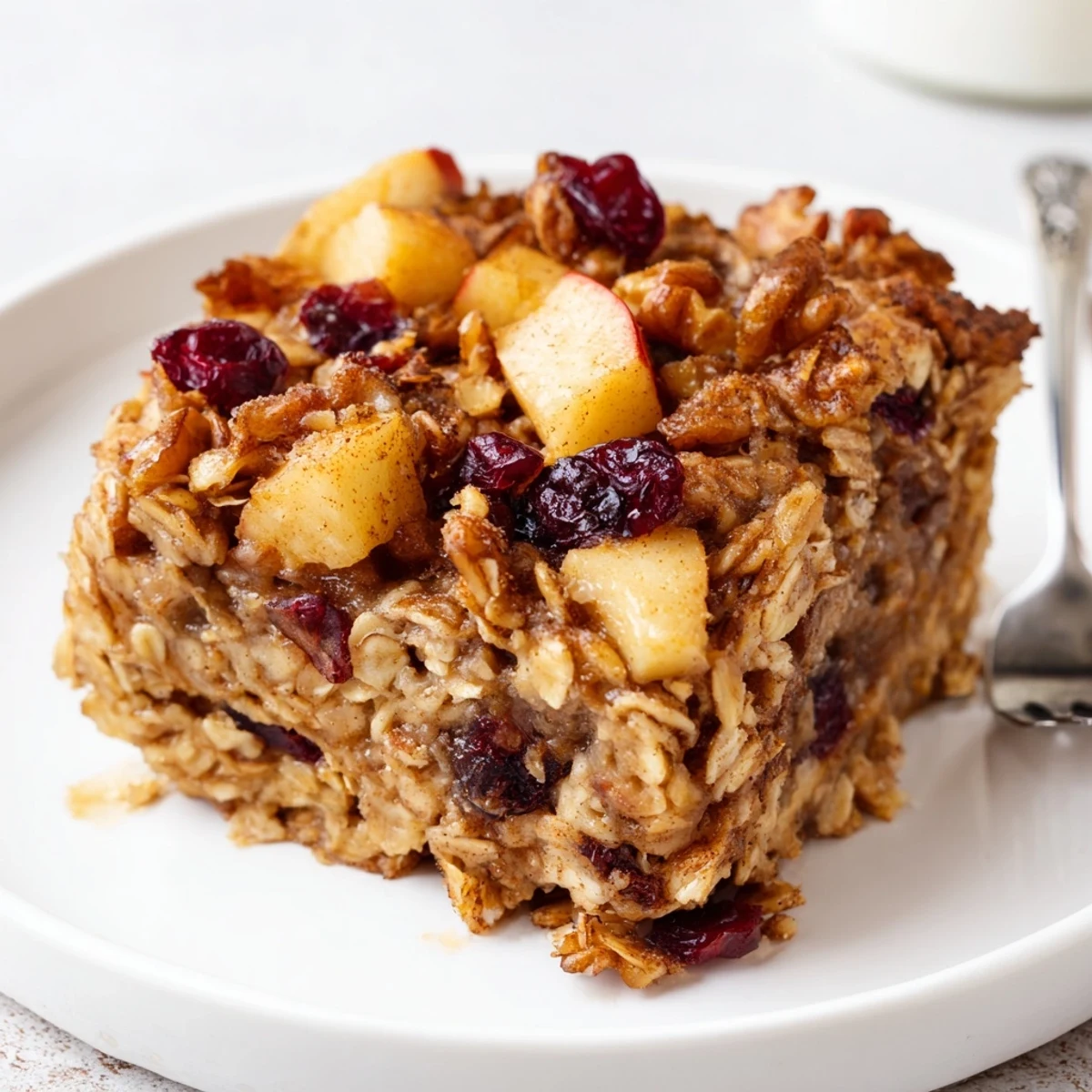 Baked in dish, Delicious Apple Cinnamon Oatmeal Bake Recipe For Mornings, topped with walnuts