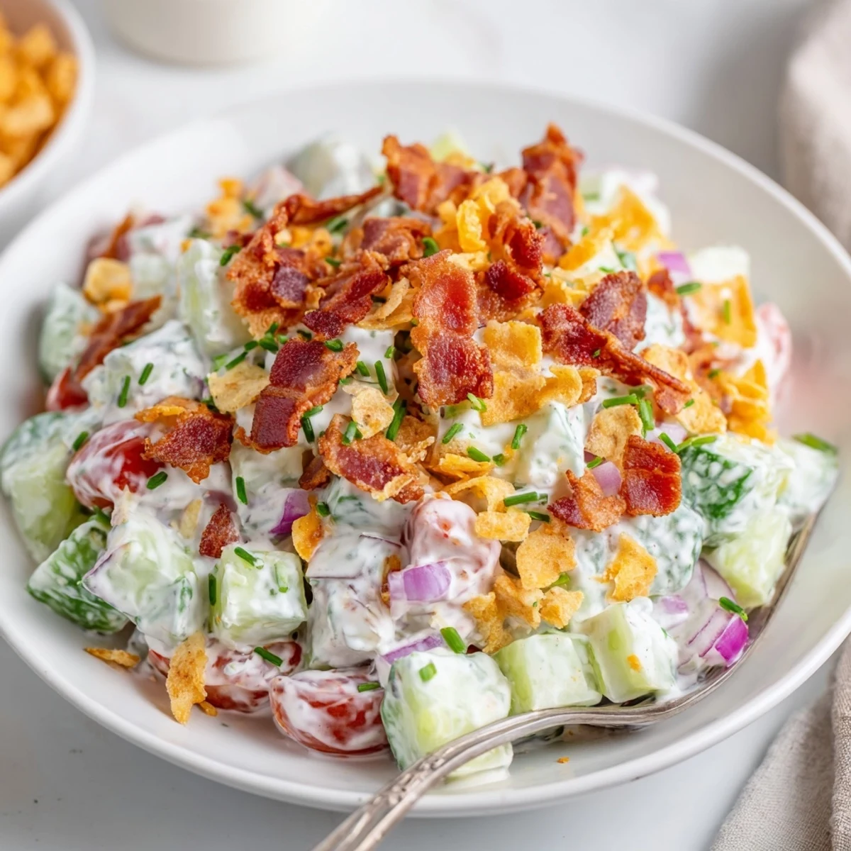 Chilled Cucumber Ranch Crack Salad Recipe Delight topped with shredded cheddar and crunchy chips