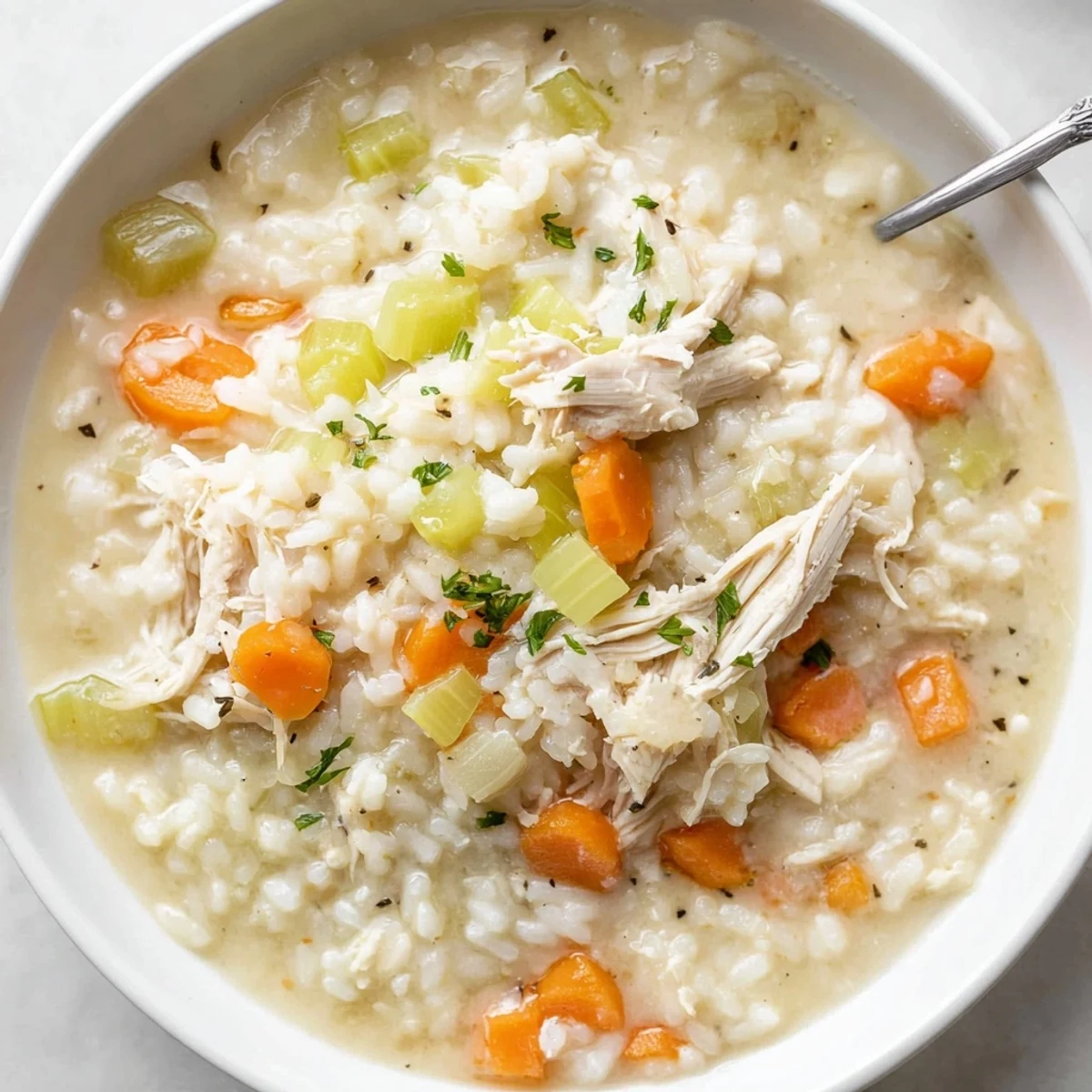 Creamy Chicken Rice Soup steaming in bowl with shredded chicken, silky broth