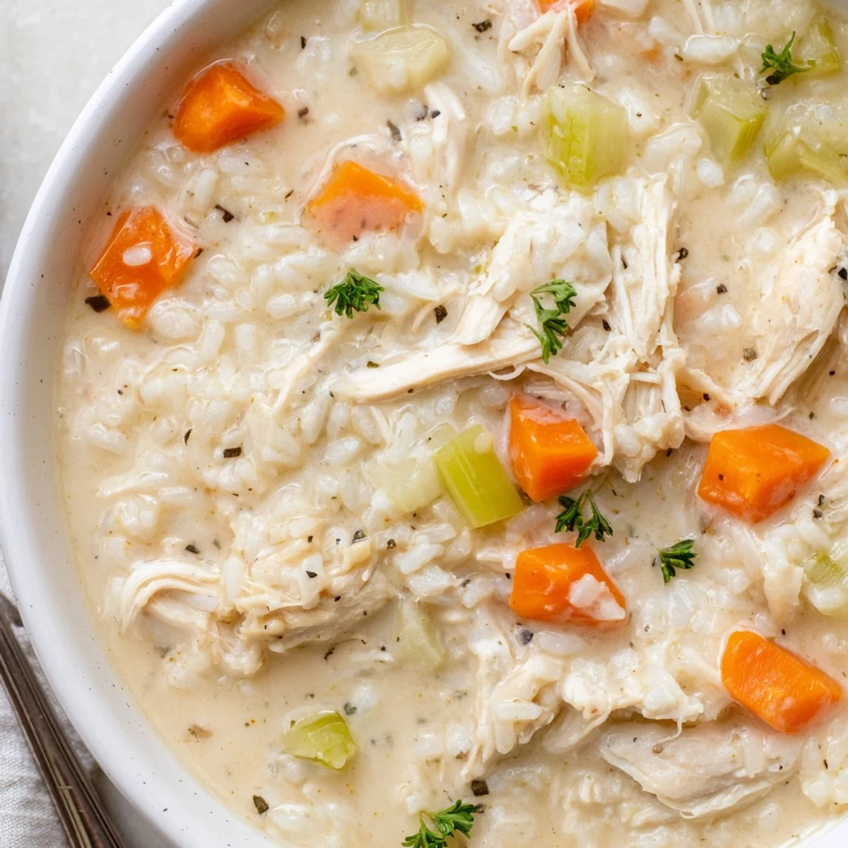 A ladleful of Creamy Chicken Rice Soup with carrots and parsley garnish