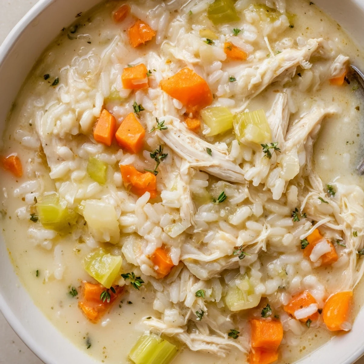 Warm Creamy Chicken Rice Soup served with crusty bread for cozy nights