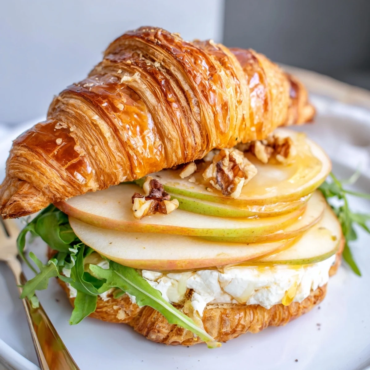 Apple Goat Cheese Croissant Sandwich with crisp apple slices, creamy cheese, arugula.