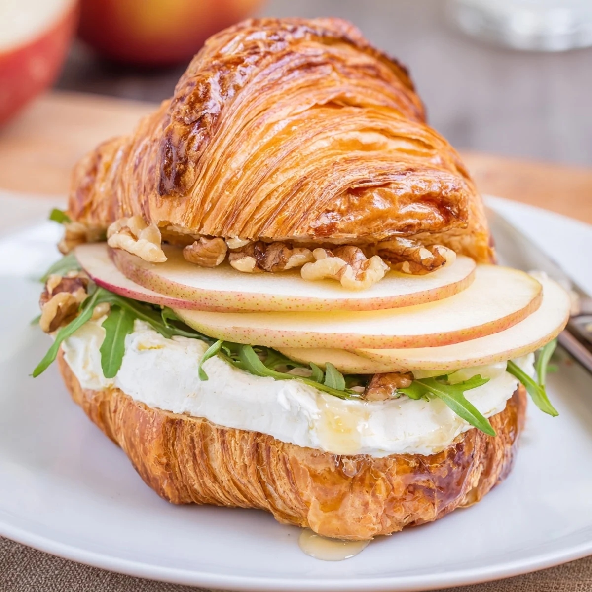 Sliced Apple Goat Cheese Croissant Sandwich displayed on board, ready for brunch.